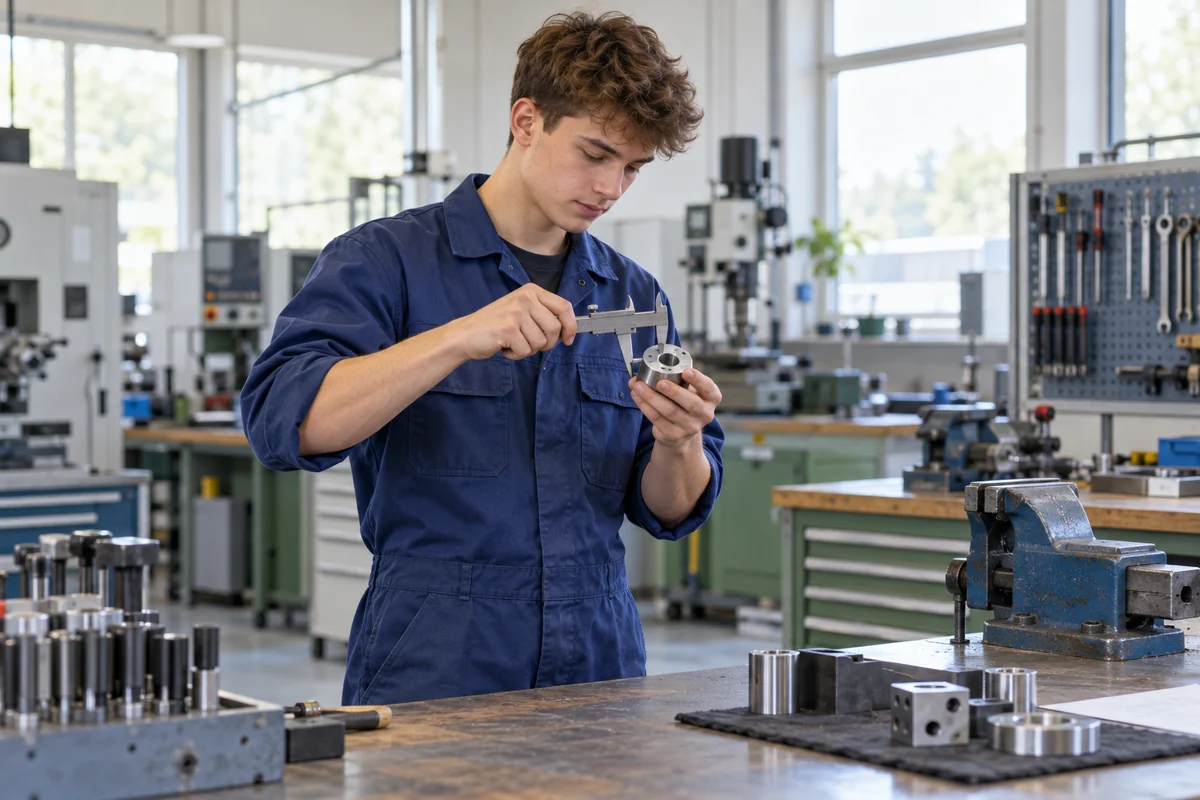 Ein junger Erwachsener in blauer Arbeitskleidung misst ein Metallbauteil mit einem Messschieber in einer hellen Werkstatt.