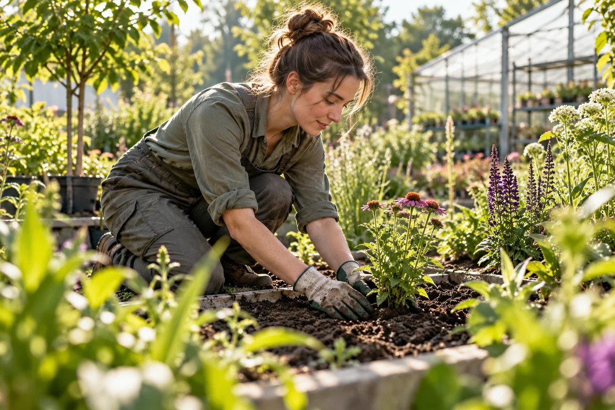 Eine junge Frau pflanzt Stauden in einem Garten neben einem Gewächshaus.
