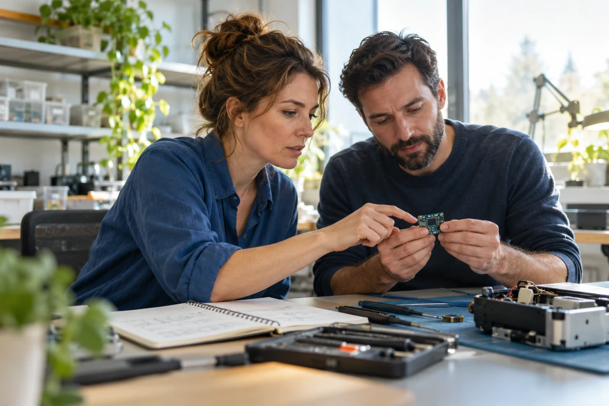 Eine Frau erklärt einem Mann ein elektronisches Bauteil an einem Werkstatttisch.