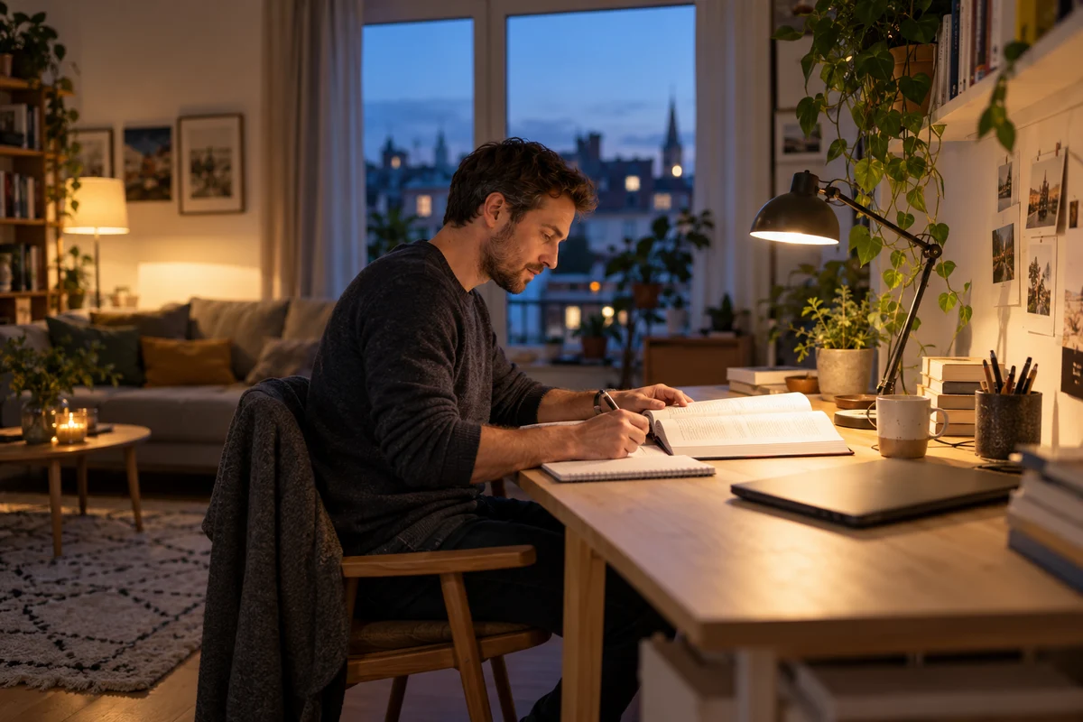 Ein Mann liest am Abend an einem Schreibtisch ein Lehrbuch und macht sich Notizen.