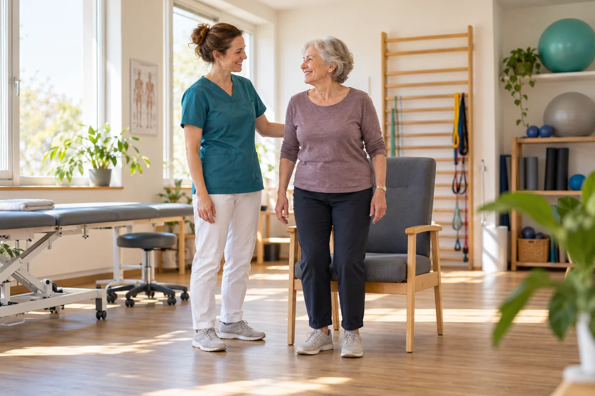 Eine Physiotherapeutin und eine ältere Patientin lächeln sich nach einer Aufstehübung in einer hellen Praxis an.