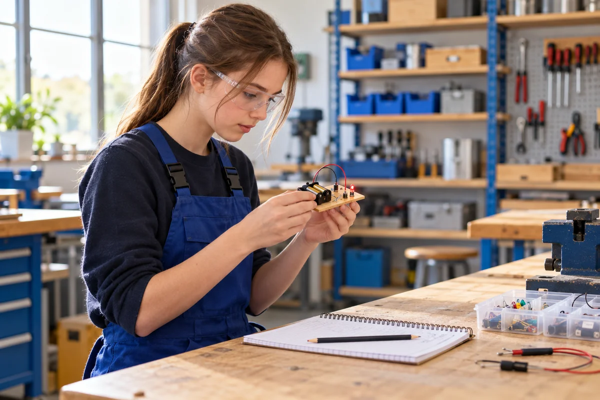 Eine Schülerin mit Schutzbrille schaut sich in einer Ausbildungswerkstatt eine kleine elektronische Lernschaltung an.
