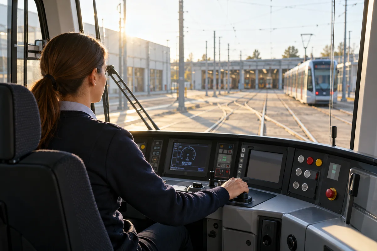 Eine Straßenbahnfahrerin sitzt im Führerstand und blickt durch die Frontscheibe auf die Gleise im Betriebshof.