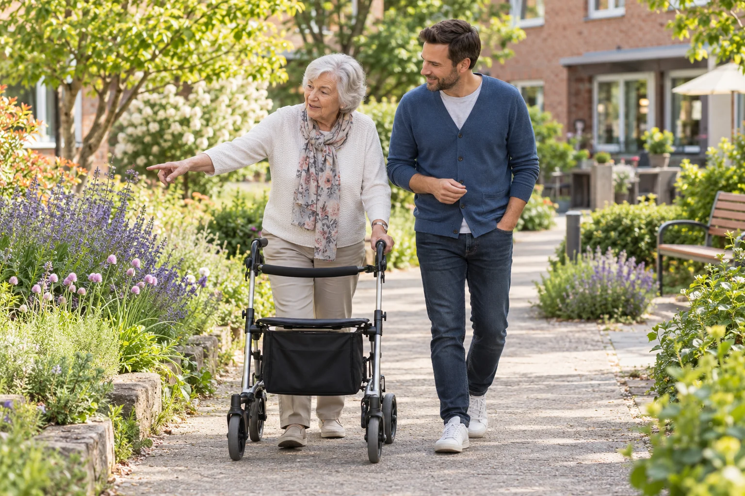 Ein Mann begleitet eine ältere Frau mit Rollator durch einen Garten und hört ihr zu, während sie auf blühende Pflanzen zeigt.