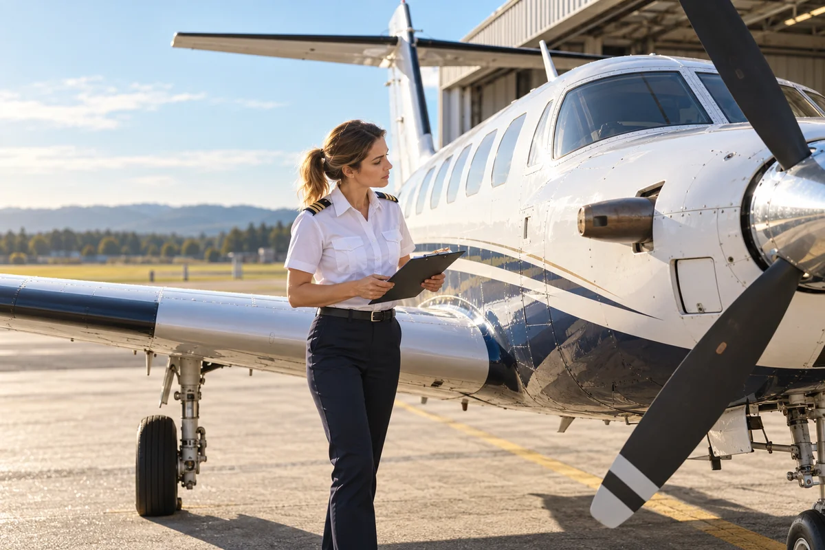Eine Pilotin prüft mit einer Checkliste ein abgestelltes Propellerflugzeug vor einem Hangar.
